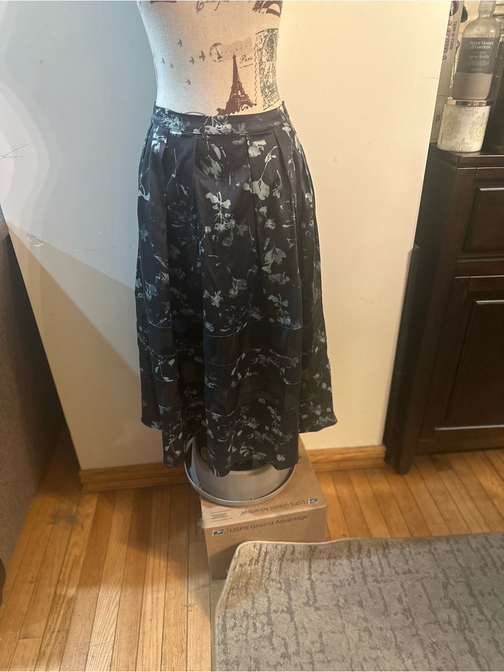 Shakuhachi Black Floral A-Line Midi Skirt